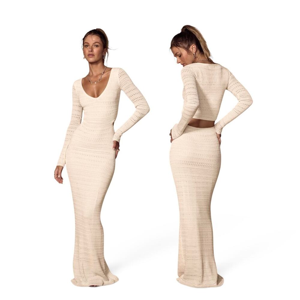 Lulus Shenoah White Crochet Cutout Long Sleeve Maxi Dress size L NWT